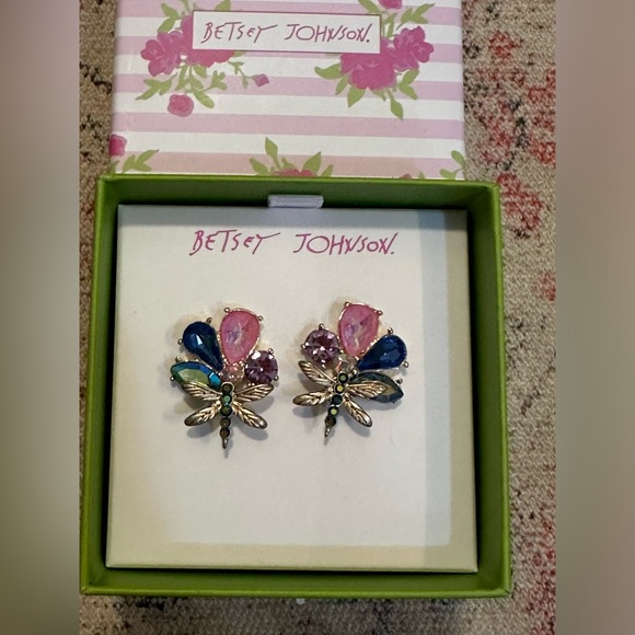 Betsey Johnson Dragonfly Rhinestones Stud Sparkly Insect Earrings - Picture 2 of 5